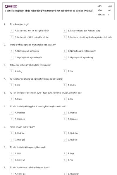 9 câu Trắc nghiệm Thực hành tiếng Việt trang 92 Kết nối tri thức có đáp án (Phần 2)