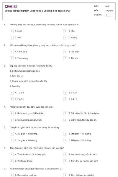 30 câu hỏi trắc nghiệm Công nghệ 6 Chương 3 có đáp án (P2)