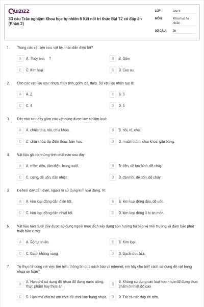 33 câu Trắc nghiệm Khoa học tự nhiên 6 Kết nối tri thức Bài 12 có đáp án (Phần 2)