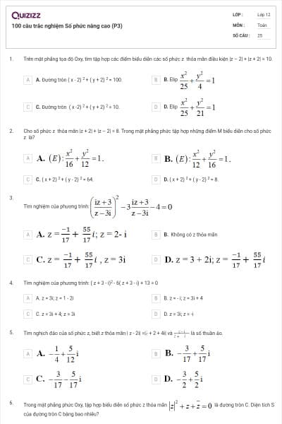 100 câu trắc nghiệm Số phức nâng cao (P3)