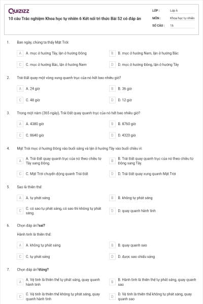 10 câu Trắc nghiệm Khoa học tự nhiên 6 Kết nối tri thức Bài 52 có đáp án