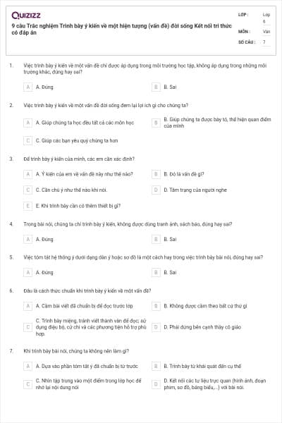 9 câu Trắc nghiệm Trình bày ý kiến về một hiện tượng (vấn đề) đời sống Kết nối tri thức có đáp án