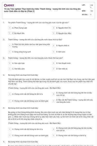10 câu Trắc nghiệm Thực hành đọc hiểu: Thánh Gióng - tượng đài vĩnh cửu của lòng yêu nước Cánh diều có đáp án (Phần 2)