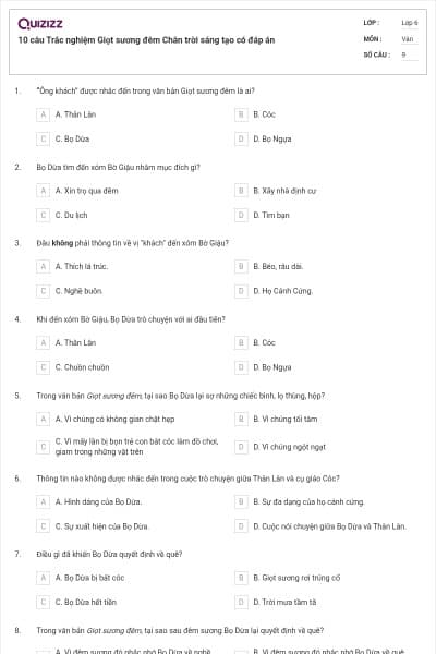 10 câu Trắc nghiệm Giọt sương đêm Chân trời sáng tạo có đáp án