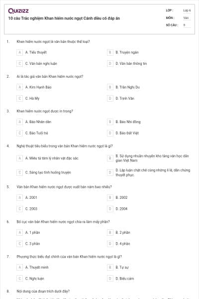 10 câu Trắc nghiệm Khan hiếm nước ngọt Cánh diều có đáp án