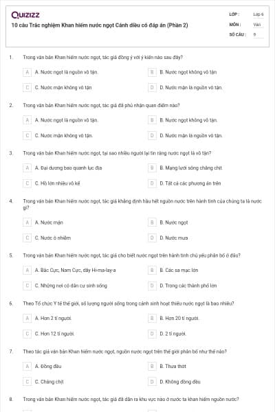 10 câu Trắc nghiệm Khan hiếm nước ngọt Cánh diều có đáp án (Phần 2)