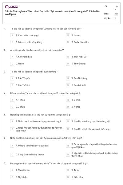 10 câu Trắc nghiệm Thực hành đọc hiểu: Tại sao nên có vật nuôi trong nhà? Cánh diều có đáp án