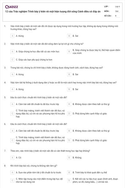 12 câu Trắc nghiệm Trình bày ý kiến về một hiện tượng đời sống Cánh diều có đáp án