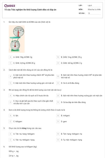 15 câu Trắc nghiệm Đo khối lượng Cánh diều có đáp án