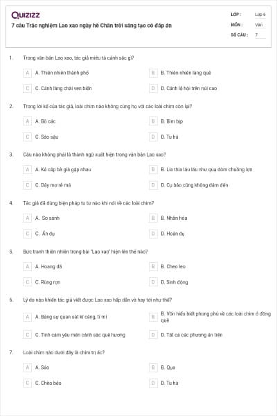 7 câu Trắc nghiệm Lao xao ngày hè Chân trời sáng tạo có đáp án