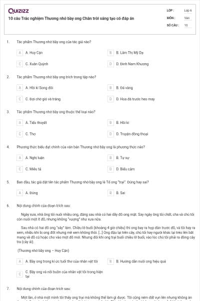 10 câu Trắc nghiệm Thương nhớ bầy ong Chân trời sáng tạo có đáp án