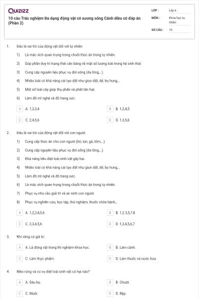 10 câu Trắc nghiệm Đa dạng động vật có xương sống Cánh diều có đáp án (Phần 2)
