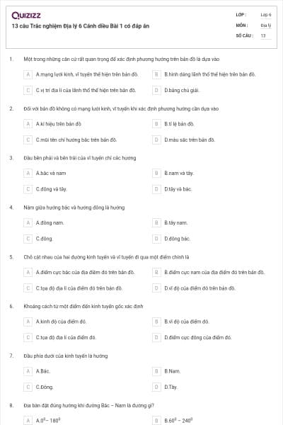 13 câu Trắc nghiệm Địa lý 6 Cánh diều Bài 1 có đáp án