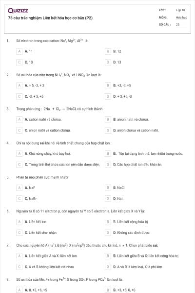 75 câu trắc nghiệm Liên kết hóa học cơ bản (P2)