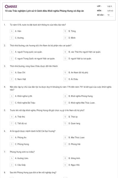 10 câu Trắc nghiệm Lịch sử 6 Cánh diều Khởi nghĩa Phùng Hưng có đáp án