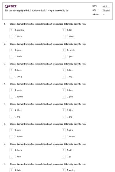 Bài tập trắc nghiệm Unit 3 A closer look 1 - Ngữ âm có đáp án
