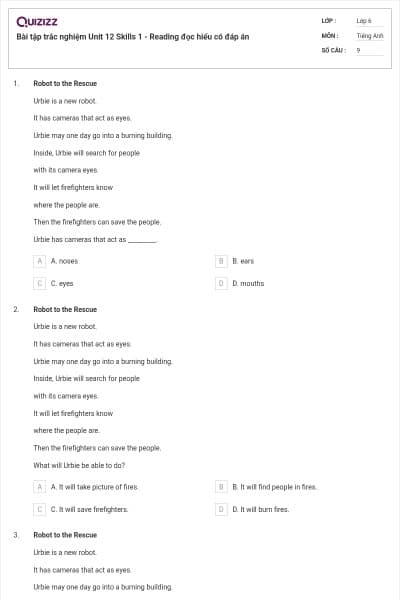 Bài tập trắc nghiệm Unit 12 Skills 1 - Reading đọc hiểu có đáp án