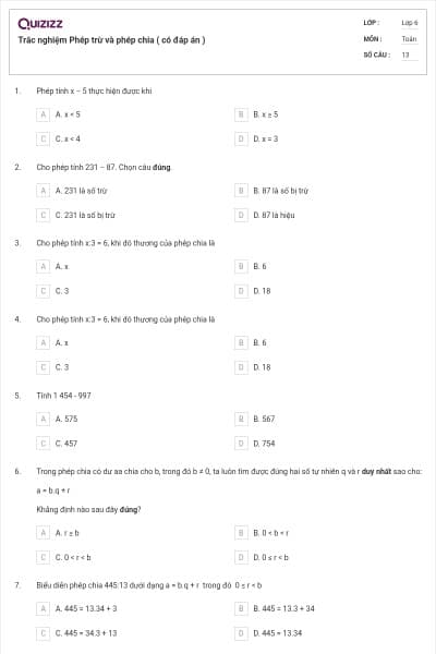 Trắc nghiệm Phép trừ và phép chia ( có đáp án )