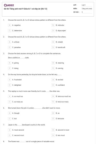 Đề thi Tiếng anh mới 9 Giữa kì 1 có đáp án (Đề 13)