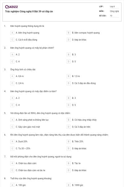 Trắc nghiệm Công nghệ 8 Bài 39 có đáp án