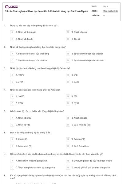 10 câu Trắc nghiệm Khoa học tự nhiên 6 Chân trời sáng tạo Bài 7 có đáp án
