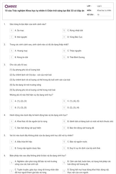 10 câu Trắc nghiệm Khoa học tự nhiên 6 Chân trời sáng tạo Bài 33 có đáp án