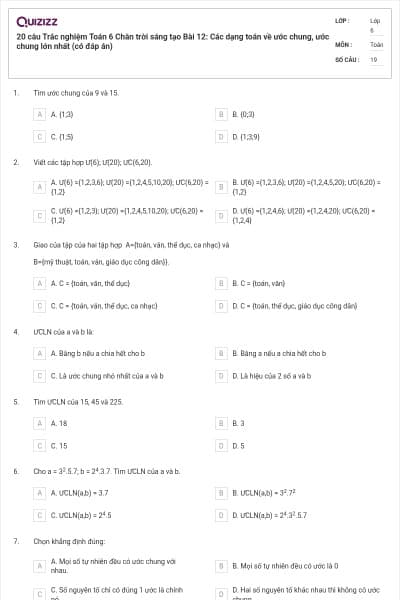 20 câu Trắc nghiệm Toán 6 Chân trời sáng tạo Bài 12: Các dạng toán về ước chung, ước chung lớn nhất (có đáp án)