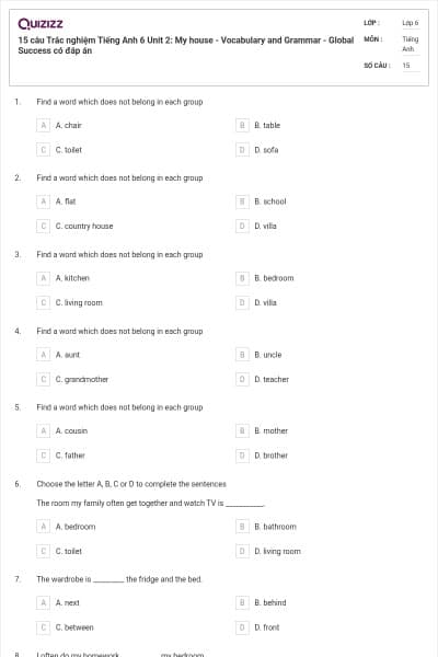 15 câu Trắc nghiệm Tiếng Anh 6 Unit 2: My house - Vocabulary and Grammar - Global Success có đáp án