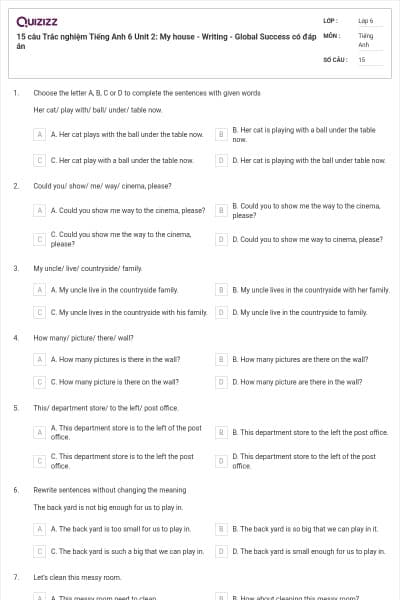15 câu Trắc nghiệm Tiếng Anh 6 Unit 2: My house - Writing - Global Success có đáp án
