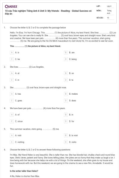 10 câu Trắc nghiệm Tiếng Anh 6 Unit 3: My friends - Reading - Global Success có đáp án