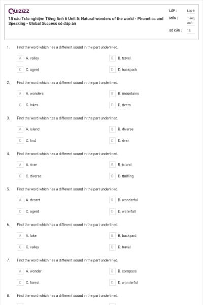 15 câu Trắc nghiệm Tiếng Anh 6 Unit 5: Natural wonders of the world - Phonetics and Speaking - Global Success có đáp án