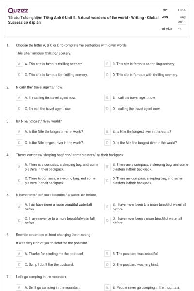 15 câu Trắc nghiệm Tiếng Anh 6 Unit 5: Natural wonders of the world - Writing - Global Success có đáp án