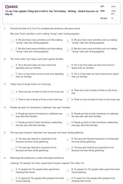 15 câu Trắc nghiệm Tiếng Anh 6 Unit 6: Our Tet holiday - Writing - Global Success có đáp án