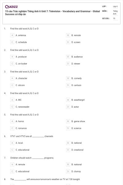 15 câu Trắc nghiệm Tiếng Anh 6 Unit 7: Television - Vocabulary and Grammar - Global Success có đáp án