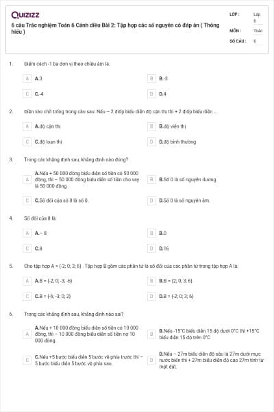 6 câu Trắc nghiệm Toán 6 Cánh diều Bài 2: Tập hợp các số nguyên có đáp án ( Thông hiểu )