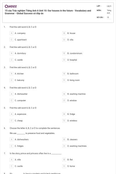 15 câu Trắc nghiệm Tiếng Anh 6 Unit 10: Our houses in the future - Vocabulary and Grammar - Global Success có đáp án