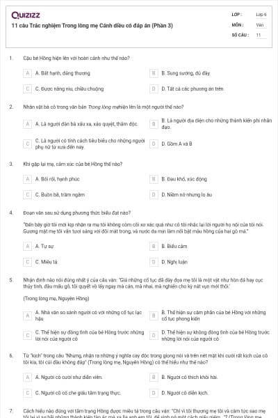 11 câu Trắc nghiệm Trong lòng mẹ Cánh diều có đáp án (Phần 3)