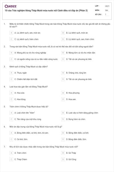 10 câu Trắc nghiệm Đồng Tháp Mười mùa nước nổi Cánh diều có đáp án (Phần 3)