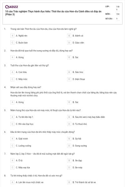 10 câu Trắc nghiệm Thực hành đọc hiểu: Thời thơ ấu của Hon-đa Cánh diều có đáp án (Phần 3)