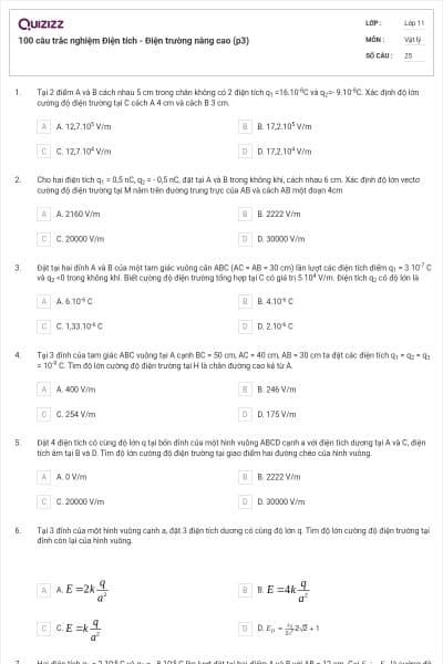 100 câu trắc nghiệm Điện tích - Điện trường nâng cao (p3)