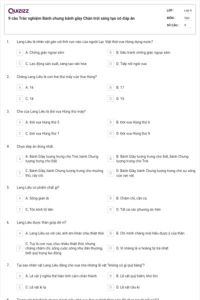 9 câu Trắc nghiệm Bánh chưng bánh giầy Chân trời sáng tạo có đáp án