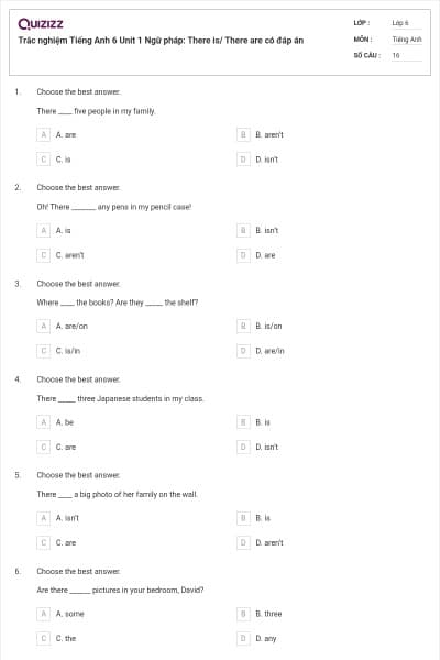 Trắc nghiệm Tiếng Anh 6 Unit 1 Ngữ pháp: There is/ There are có đáp án