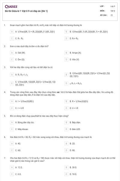 Đề thi Giữa kì 1 Vật lí 9 có đáp án (Đề 1)