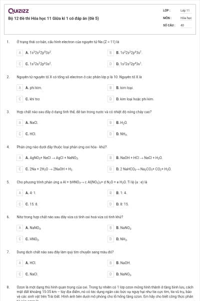 Bộ 12 Đề thi Hóa học 11 Giữa kì 1 có đáp án (Đề 5)