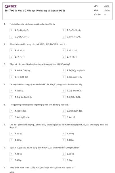 Bộ 17  Đề thi Học kì 2 Hóa học 10 cực hay có đáp án (Đề 2)