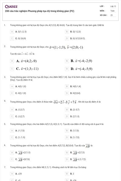 200 câu trắc nghiệm Phương pháp tọa độ trong không gian (P2)