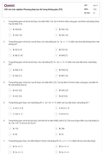 200 câu trắc nghiệm Phương pháp tọa độ trong không gian (P5)
