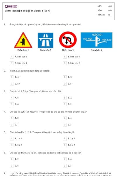 Đề thi Toán lớp 6 có đáp án Giữa kì 1 (Đề 4)