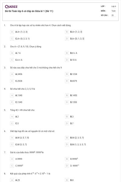 Đề thi Toán lớp 6 có đáp án Giữa kì 1 (Đề 11)