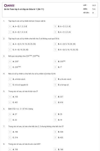 Đề thi Toán lớp 6 có đáp án Giữa kì 1 (Đề 11)